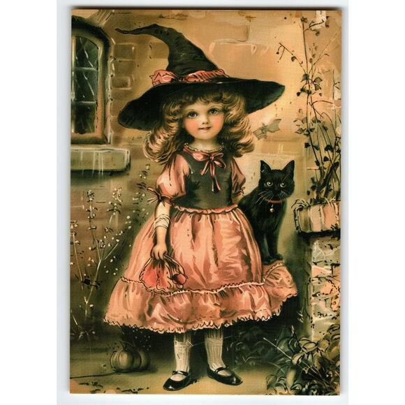 Vintage Halloween Postcard Little Witch with Black Cat Photochrome 5.5x4 - Picture 1 of 2